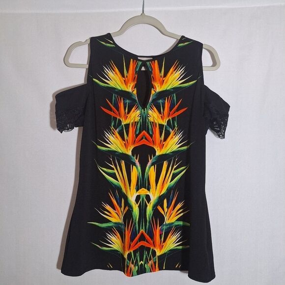Bisou Bisou Womens Black Tropical Blouse Cold Shoulder Lace Armband Floral XL - Picture 2 of 10